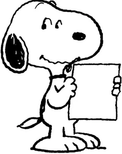 imagen en blanco y negro de Snoopy con una hoja de papel en las manos